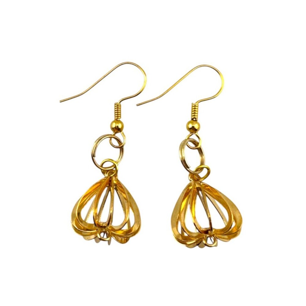 Gold Plated Cage Earrings Vintage Sculptural Lantern Dangle Lightweight